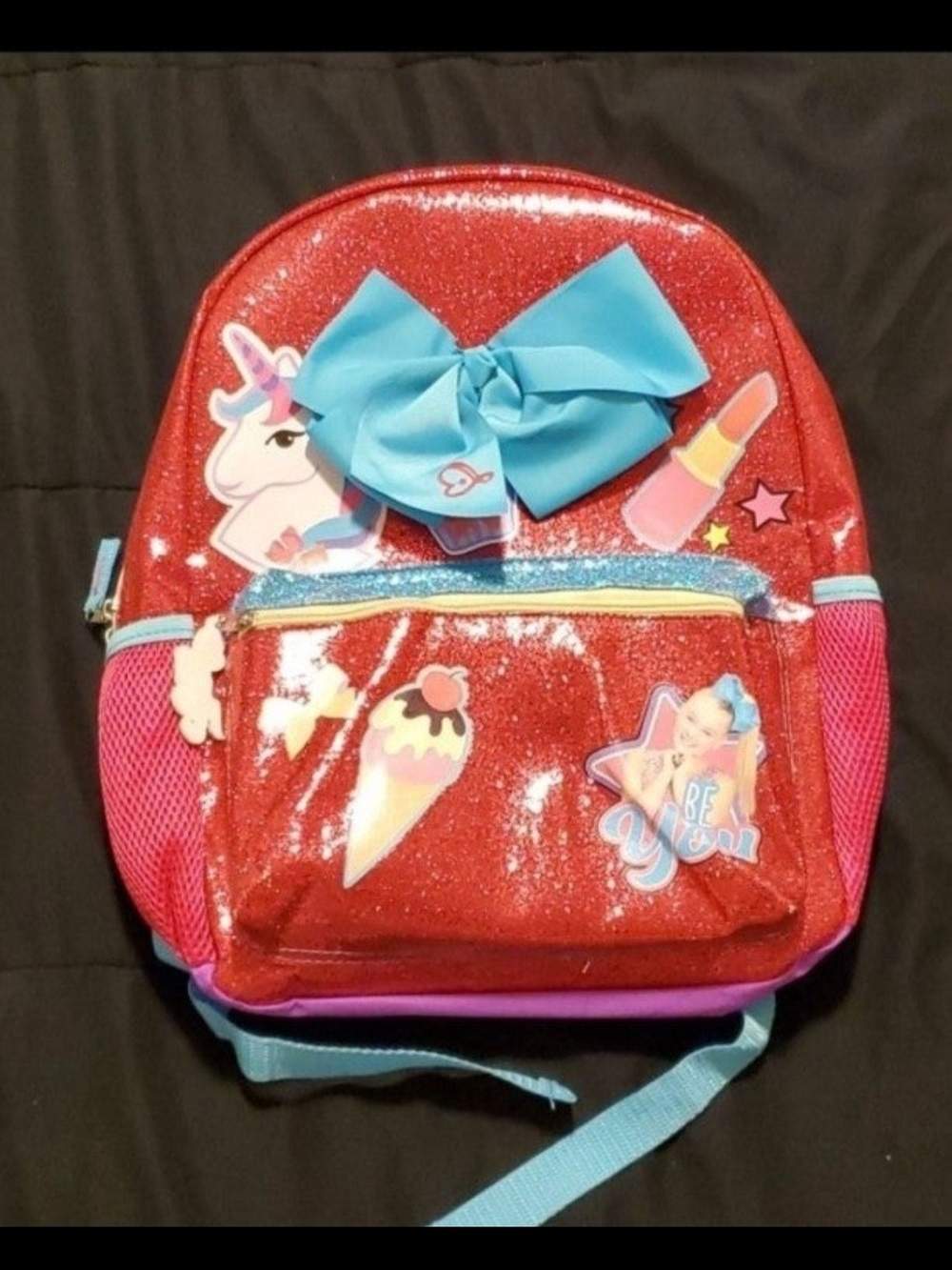 Kids Glitter Unicorn Backpack with Blue Bow - Red